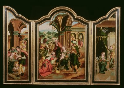 Tryptyk: Adoracja Trzech Króli (panel centralny), Zwiastowanie (panel lewy), Adoracja pasterzy (panel PR) autorstwa Flemish School