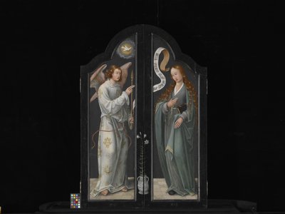 Tríptico com a Virgem e o Menino, Santa Bárbara e Santa Catarina (óleo sobre madeira) polonês autorstwa Flemish School