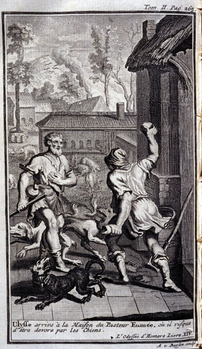 Ulisses przybywa do domu pastora Eumee, w przeciwnym razie mogą go poświęcić psy. Ilustracja do książki XIV de l