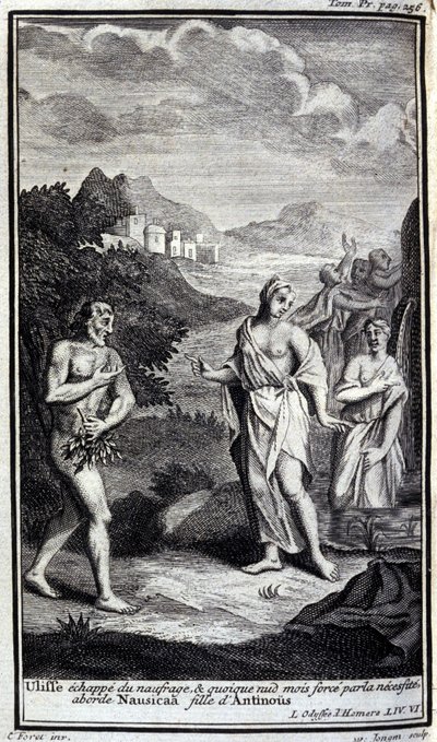 Ulisses ucieka z wraku i choć nagi, ale siłą z konieczności zbliża się do Nausicaa, córki Antinousa (Antinosa). Ilustracja do księgi VI Odyssee of Homere, w Odyssee, opublikowanej w Amsterdamie w 1731 roku w Mediolanie. autorstwa Flemish School