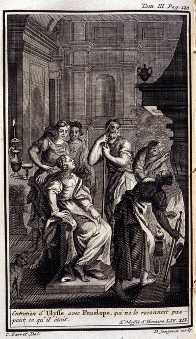 Wywiad Ulissesa z Penelopą, która nie rozpoznaje go takim, jakim był. Ilustracja do książki XIX Odyssee of Homere, in the Odyssee, wydanej w Amsterdamie w 1731, Collection privee Milan. autorstwa Flemish School