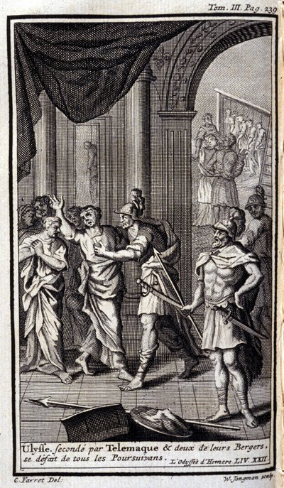 Ulisses drugi po Telemaque i dwóch ich pasterzy rozwiązali wszystkich prześladowców. Lustracja dla XXII księgi Odyseusza Homere, w Odyssee, wydanej w Amsterdamie w 1731 r., Collection privee Milan. autorstwa Flemish School