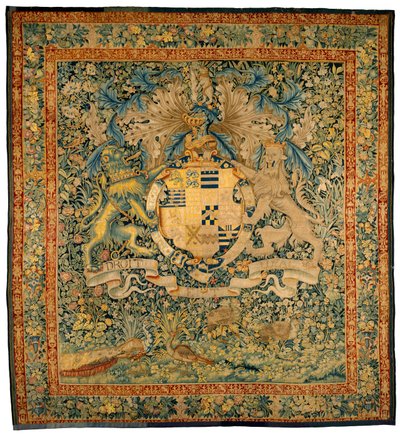 Gobelin Verdure z herbem Roberta Dudleya, hrabiego Leicester, ok. 1570-1585 (wełna, jedwab) autorstwa Flemish School