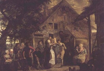 Mieszkańcy wsi bawiący się przed gospodarstwem autorstwa Flemish School