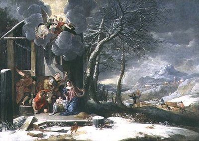 Pejzaż zimowy z szopką (olej na płótnie) autorstwa Flemish School