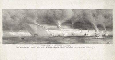 Waterhozen op zee bij Sycylia, 1827 Fenomen Trąbek Wodnych, obserwowany w morzu Sycylii, w zasięgu wzroku Stromboli, 27 czerwca 1827 r. (tytuł na obiekcie) autorstwa Félix Achille Beaupoil Saint Aulaire
