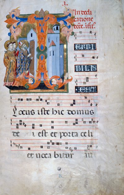 Iluminowany inicjał z biskupem błogosławiącym kościół (Corale 2, c. 1), do księgi chóralnej 2 Santa Maria degli Angeli autorstwa Florentine School