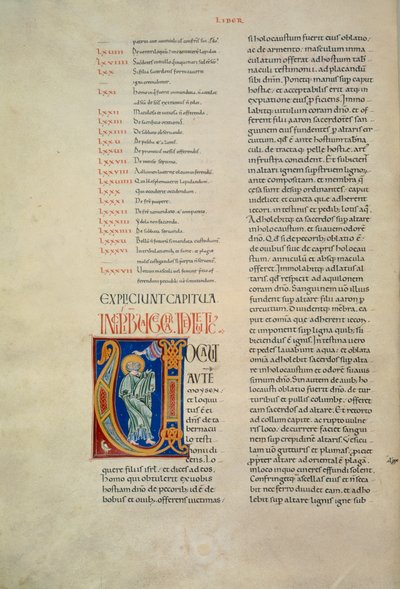 Strona z Biblii Corbolino z inicjałem przedstawiającym Boga przemawiającego do Mojżesza (Cod. Conventi Soppressi 630, c. 52v), rękopis autorstwa Florentine School
