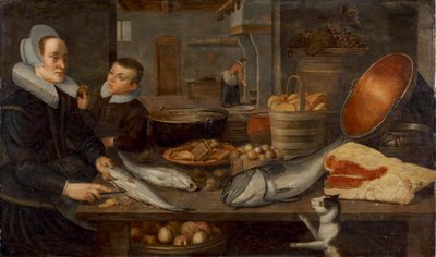 Kuchenna martwa natura z pokojówką czyszczącą ryby przy stole i chłopcem trzymającym jabłko autorstwa Floris van Schooten