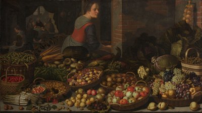 Martwa natura z owocami i warzywami, z Chrystusem w Emaus w tle autorstwa Floris Gerritsz van Schooten