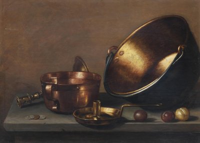 Martwa natura z miedzianymi patelniami, naczyniami i śliwkami na kamiennej półce autorstwa Floris van Schooten