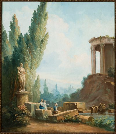 Krajobraz z ruinami świątyni Sybilli w Tivoli autorstwa Follower of Hubert Robert
