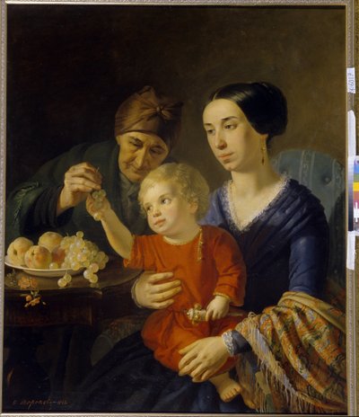 Portret rodzinny. Niemowlę trzymające grzechotkę na kolanach matki otrzymuje winogrona od babci. Obraz Fomy Gavrilovicha Toropova (1821-1898), olej na płótnie autorstwa Foma Gavrilovich Toropov