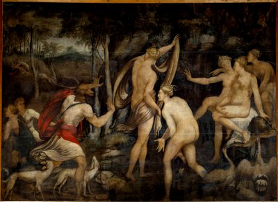 Diane (Artemida), bogini łowiectwa, i Acteon, myśliwy Malarstwo szkoły w Fontainebleau (XVI wiek). Wymiary 2,65 x 3,67 m² autorstwa Fontainebleau School