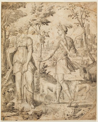 Ezaw spotyka Rebekę po polowaniu z pustymi rękami autorstwa Fontainebleau School