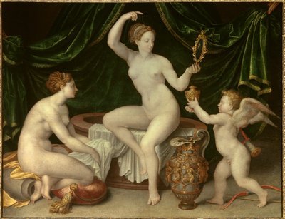 Wenus ma swoją toaletę Obraz szkoły w Fontainebleau. 16 wiek. Ciemny. 0,97 x 1, 26 m - Toaleta Wenus. Szkoła Fontainebleau. XVI wiek. 0,97 x 1,26 m. Luwr, Paryż autorstwa Fontainebleau School