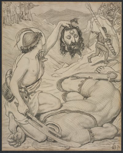 Dawid i Goliat, rysunek do witrażu w Jesus College w Cambridge autorstwa Ford Madox Brown