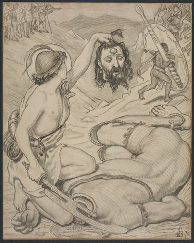 Dawid i Goliat, rysunek do witrażu w Jesus College, Cambridge, 1872. autorstwa Ford Madox Brown