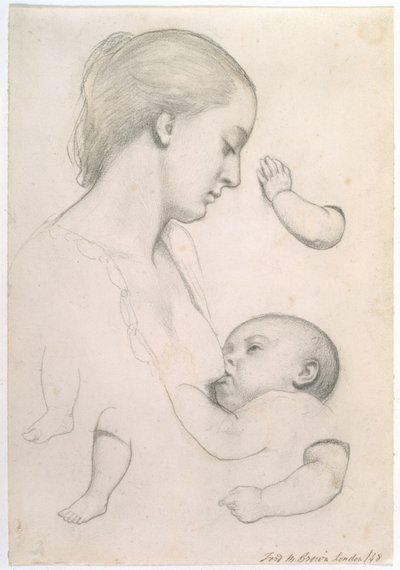 Odpoczynek Niemowlęcia - Studium Matki i Dziecka z oddzielnymi Studiami Dziecka na ręce i nogi, 1848 r. autorstwa Ford Madox Brown