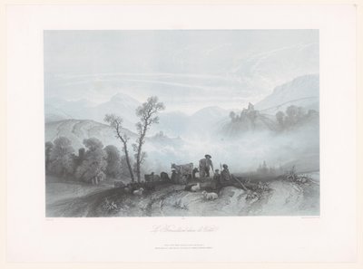 Pasterze z krowami i owcami w mglistej dolinie Le Brouillard dans la Vallée (tytuł na obiekcie) autorstwa Fortuné Ferogio
