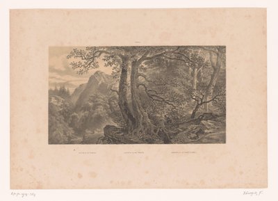 Dwóch myśliwych w lesie w Pirenejach Polowanie w Pirenejach / Polowanie w Pirenejach / Cazadores de los Pirinéos (Hiszpania) (tytuł na obiekcie) Postacie w krajobrazie (tytuł serii) autorstwa Fortuné Ferogio