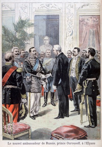Książę Ourousoff, ambasador Rosji spotykający się z Félixem Faure, 1898 autorstwa Fortuné Méaulle