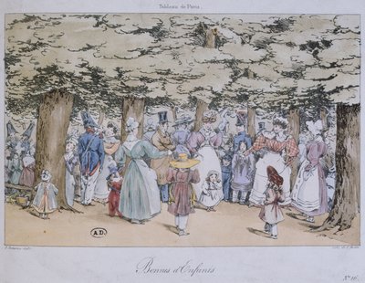 Dzieci i nianie w parku, z serii Tableau de Paris, sztych. C. Motte, 1827 autorstwa Fortune Delarue
