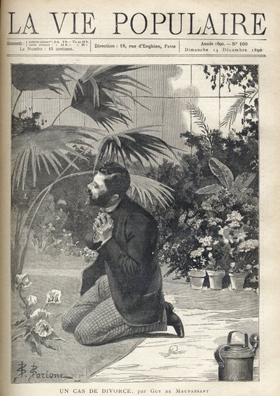 Zdesperowany mężczyzna modli się na kolanach w szklarni. Ilustracja F. Meaulle za B. Borione do „Sprawy rozwodowej” Guy de Maupassant (1850-1893). Rycina z 1890 roku w „La vie populaire”. Prywatna kolekcja autorstwa Fortune Louis Meaulle