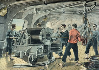 Bateria marynarki wojennej bombarduje Santiago de Cuba, wojna hiszpańsko-amerykańska w 1898 r. (rycina) autorstwa Fortune Louis Meaulle