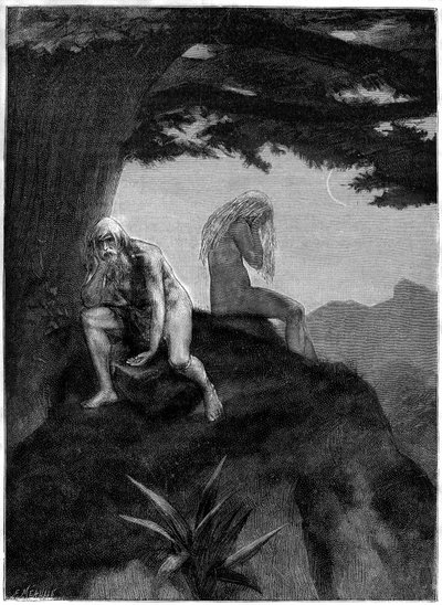 Adam i Ewa. Rysunek grobów autorstwa Meaulle, ilustrujący wiersz Victora Hugo "Les misheureux", w zbiorze "Les contemplations", wydanie Paul Ollendorff, początek XX wieku. autorstwa Fortune Louis Meaulle