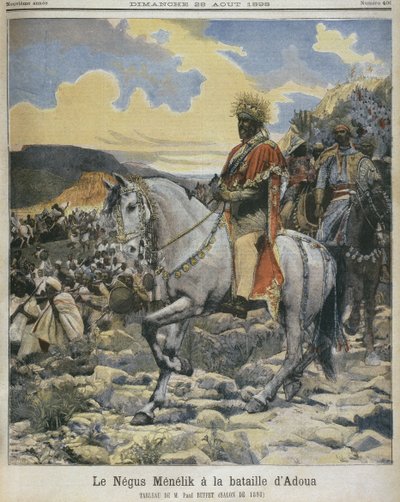 Czarny z Etiopii, Menelik II (1844-1913) w bitwie pod Adową, ilustracja z „Le Petit Journal”, 28 sierpnia 1898 (patrz także 287689) autorstwa Fortune Louis Meaulle