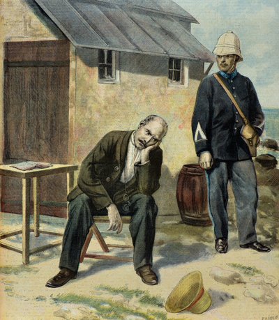 Kapitan Alfred Dreyfus więźniem na Diabelskiej Wyspie autorstwa Fortune Louis Meaulle