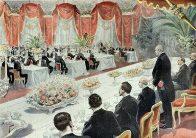 Kolacja wydana dla Felixa Faure przez przedstawicieli handlu i przemysłu w 1897 r. (rycina) autorstwa Fortune Louis Meaulle