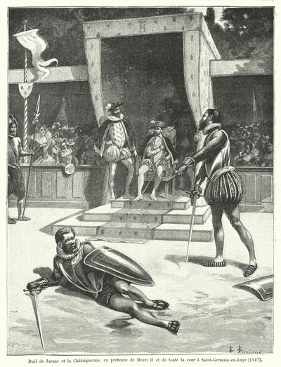 Pojedynek między Guy Cabot de Jarnac i Francois de Vivonne, Seigneur de la Chataigneraie przed królem Francji Henrykiem II i całym jego dworem w St Germain-en-Laye autorstwa Fortune Louis Meaulle