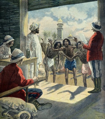 Hindusi przychodzą do Anglików po pomoc podczas wielkiego głodu w latach 1896-1897 (rycina) autorstwa Fortune Louis Meaulle