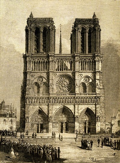 Notre Dame de Paris (Notre-Dame) w 1482 roku: fasada zachodnia i parvis. Rycina autorstwa F. Meaulle, na podstawie rysunku Viollet le Duc (Viollet-le-Duc) ilustrującego tytułową powieść Victora Hugo, wydanie Ollendorff, początek XX wieku. U dołu po lewej s autorstwa Fortune Louis Meaulle