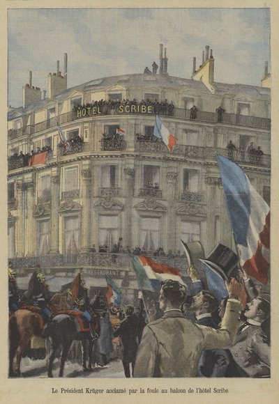Paul Kruger, były prezydent Transwalu, na balkonie hotelu Scribe w Paryżu, odbierający uznanie tłumu autorstwa Fortune Louis Meaulle