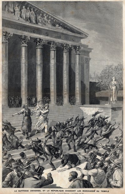 Powszechne prawo wyborcze i Republika ściga kupców ze Świątyni - alegoria po aferze panamskiej - Grawerowanie Meaulle autorstwa Henri Meyera autorstwa Fortune Louis Meaulle