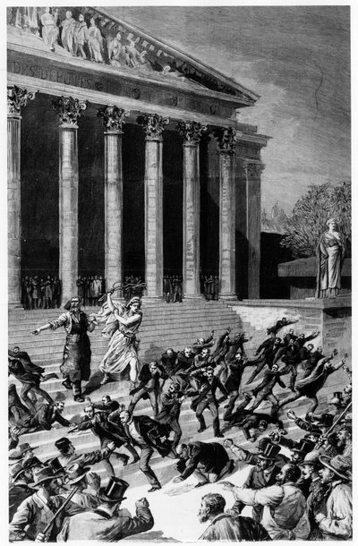 Powszechne prawo wyborcze i Republika wygania kupców ze świątyni - w „Le Journal illustré”” z 25.12.1892, kompozycja Henri Meyera, rycina Meaulle. autorstwa Fortune Louis Meaulle