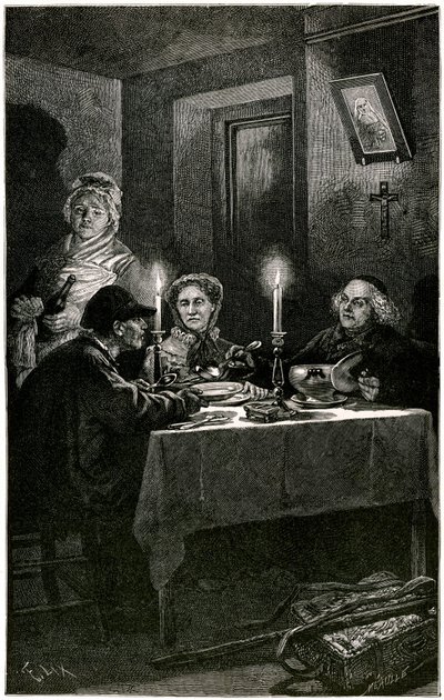 Victor Hugo "Les Miserables" Ilustracja Lix wygrawerowana przez Meaulle: Forcat i Eveque. Jean Valjean, któremu Eveque Myriel zaoferował szpital, popełni swój ostatni lot: srebrną zastawę swojego gospodarza. Na stole dwa srebrne świeczniki autorstwa Fortune Louis Meaulle