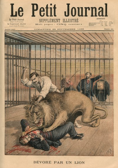 Pożeranie przez lwa, ilustracja na okładce z „Le Petit Journal”, dodatek illustre, 29 września 1895 autorstwa Fortune Louis Meaulle and Henri Meyer