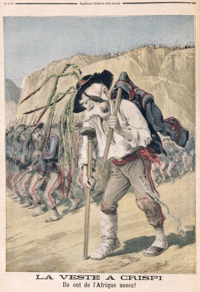 „Klęska Crispiego”, karykatura z „Le Petit Journal”, 1896 autorstwa Fortune Louis Meaulle and Henri Meyer