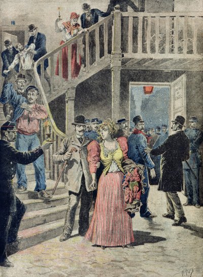 Aresztowanie prostytutek w paryskich hotelach, z „Le Petit Journal”, 4 sierpnia 1895 r. autorstwa Fortune Louis Meaulle and Henri Meyer