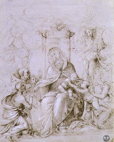 Madonna z Dzieciątkiem w intronizacji, ze św. Janem Chrzcicielem przedstawionym przez anioła i św. Moniką (pióro i tusz na papierze) autorstwa Fra Bartolomeo