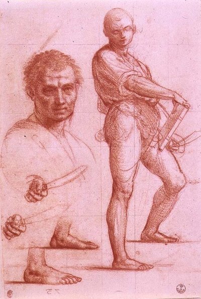 Studium mężczyzny trzymającego miecz i księgę, miecz i stopy ćwiczone dwukrotnie oraz głowa mężczyzny (kreda na papierze) autorstwa Fra Bartolomeo