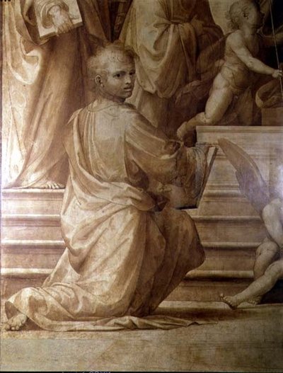 Ołtarz Wielkiej Rady, szczegół przedstawiający młodego klęczącego świętego autorstwa Fra Bartolomeo