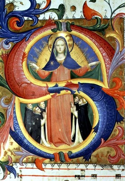 Ms 558 f.156v Historyczna inicjał „S” przedstawiający Dziewicę ukrywającą błagalników pod płaszczem, fragment mszału, początek lat 30. XIV wieku (wellum) (szczegół z 88940) autorstwa Fra (c.1387 1455) Angelico