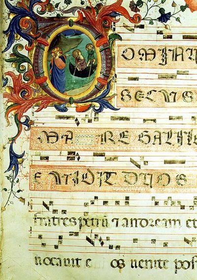 Ms 558 f.9r Historyczny inicjał „O” przedstawiający wezwanie św. Piotra i św. Andrzeja z zapisem nutowym, fragment strony z Mszału, początek lat 30. XIV w. (welin) (szczegóły zob. 78833 i 88929) autorstwa Fra (c.1387 1455) Angelico