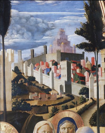 Krajobraz z widokiem na Jerozolimę i świątynię Salomona. Fragment złożenia Chrystusa lub ołtarza Trójcy Świętej (tempera na drewnie) autorstwa Fra  Angelico