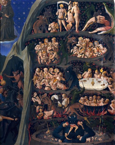 Sąd ostateczny: piekło. Dusze przeklętych poddane torturom w kręgach piekła. Jeden z nich ma diabeł na dole. Obraz Guido di Pietro (lub Fra Giovanni da Fiesole) dit Fra Angelico ou il Beato (1400-1455) autorstwa Fra  Angelico